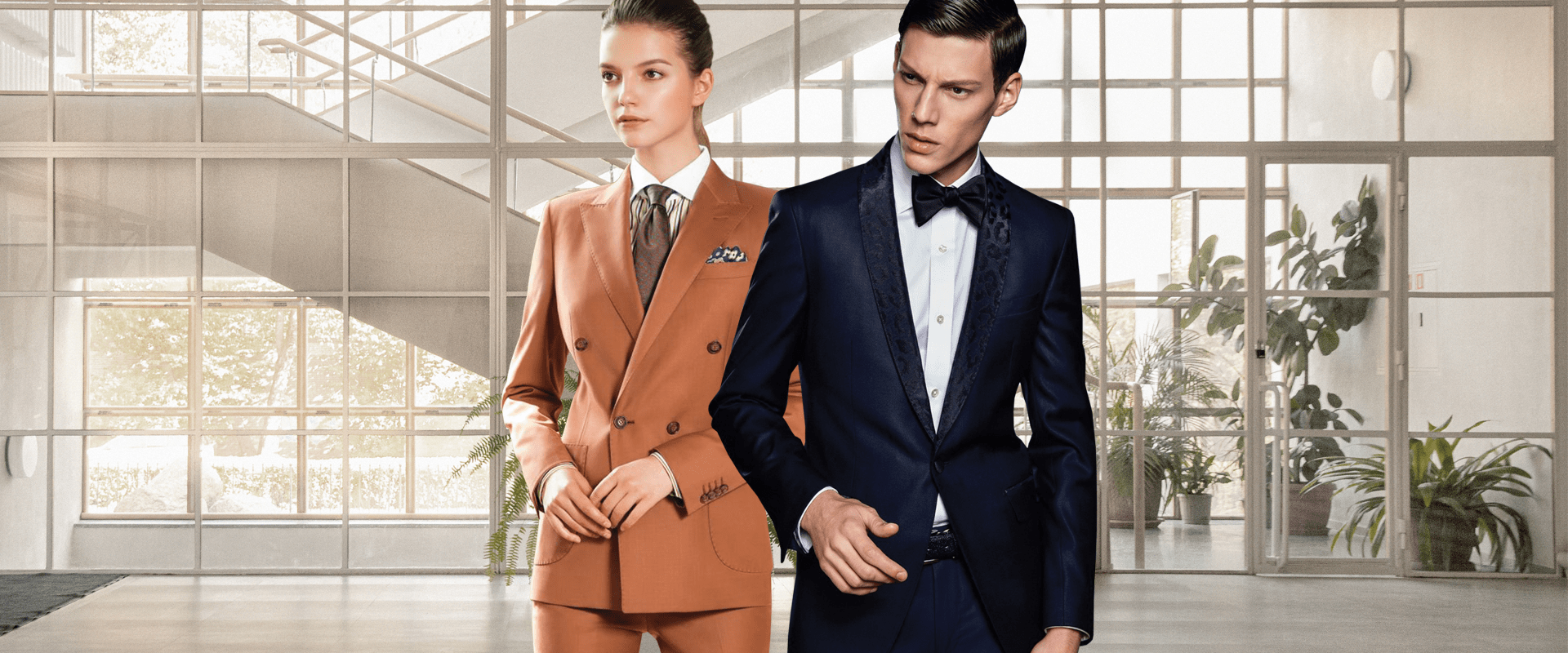 Germanicos bespoke tailor melbourne couple woman and man brown and blue modern suits